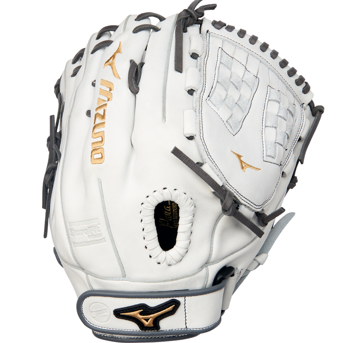 The Mizuno MVP Prime 12.5" Fastpitch Glove (GMVP1250PF4W) features white Bio Soft Leather with black and gold accents, a webbed pocket, and “Mizuno” branding on the thumb and wrist strap, shown against a plain white background.