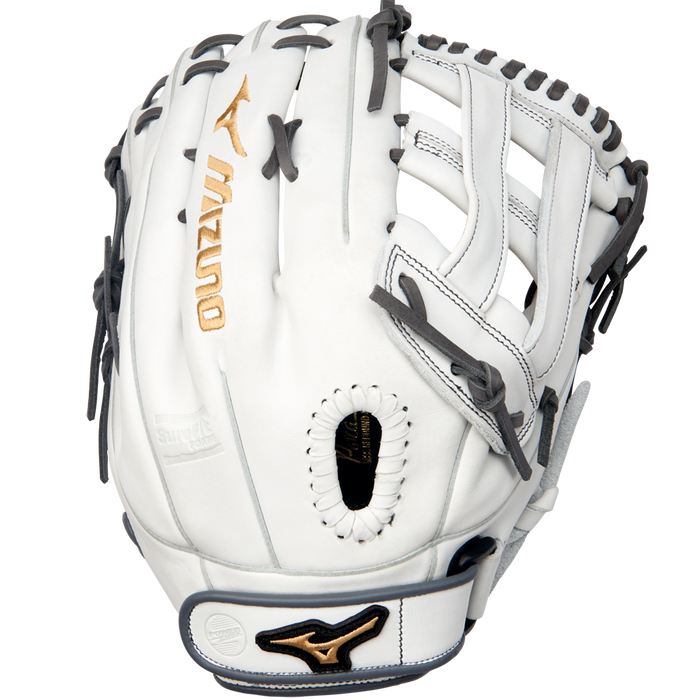 The Mizuno MVP Prime 13" Fastpitch Glove (GMVP1300PF4W) is shown palm up, featuring white Bio Soft Leather, gray laces, gold Mizuno logos, and a webbed pocket against a plain background.