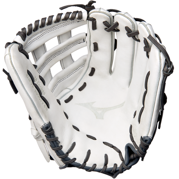 A Mizuno MVP Prime 13" Fastpitch Glove (GMVP1300PF4W) in white Bio Soft Leather with black laces, open to show its palm, webbing, and Center Pocket Designed Patterns.