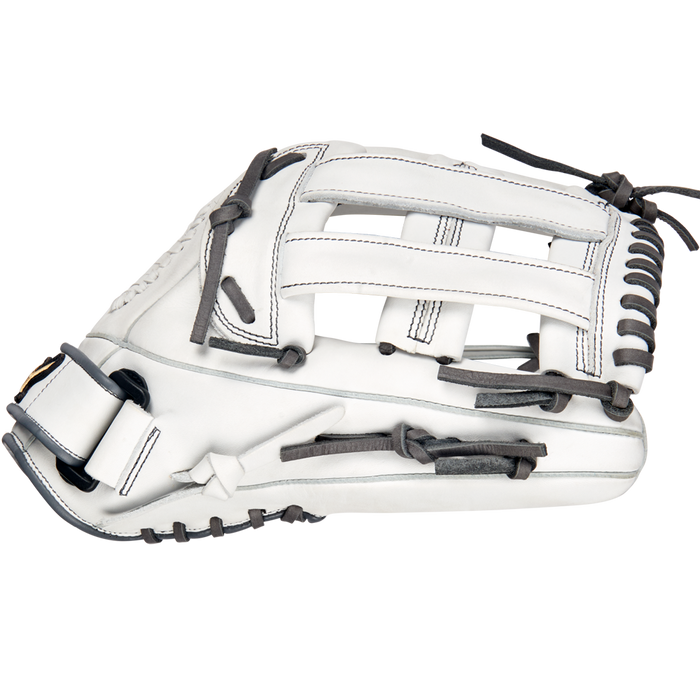 The Mizuno MVP Prime 13" Fastpitch Glove (GMVP1300PF4W) is crafted from Bio Soft Leather with black laces and stitching, shown from the side against a plain white background.