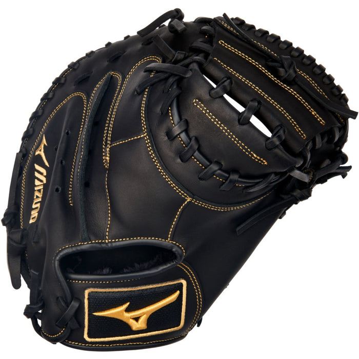 The Mizuno MVP Prime 34" Catcher's Mitt (GXC50PB4) is a black glove with yellow stitching and logo, made with Bio Soft Leather for a premium feel, deep pocket, and closed webbing.