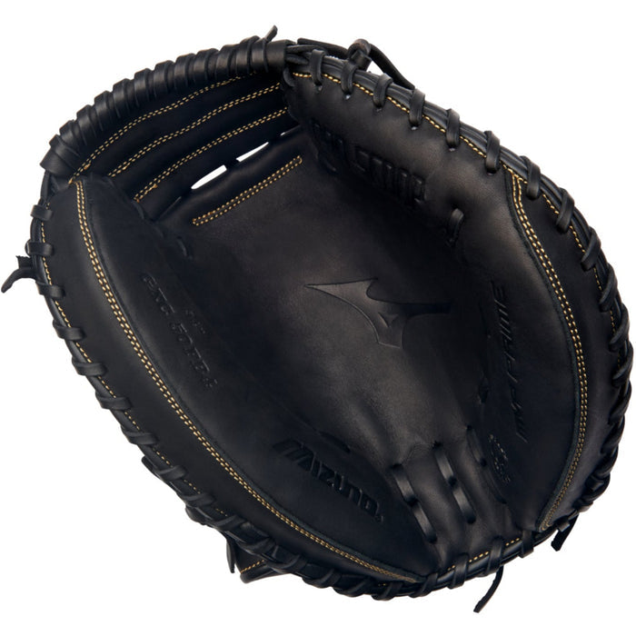 The Mizuno MVP Prime 34" Baseball Catcher's Mitt (GXC50PB4) by Mizuno is a black glove with tan stitching, shown from above to display its Bio Soft Leather interior pocket and webbing.