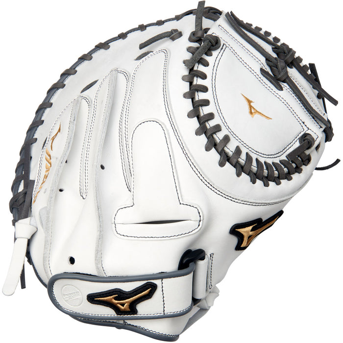 The Mizuno MVP Prime 34" Fastpitch Catcher's Mitt (GXS50PF4W) features white Bio Soft Leather, black lacing, and gold embroidery. Shown from the top angle to highlight stitching and pocket.