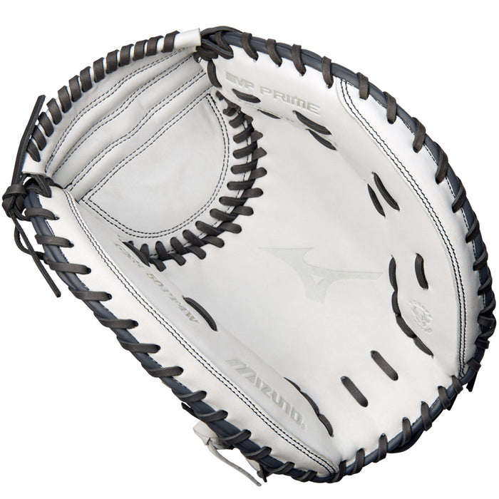 The Mizuno MVP Prime 34" Fastpitch Catcher's Mitt (GXS50PF4W) is a white and black softball glove made with Bio Soft Leather, featuring black lacing around the edges and the Mizuno logo on the palm.