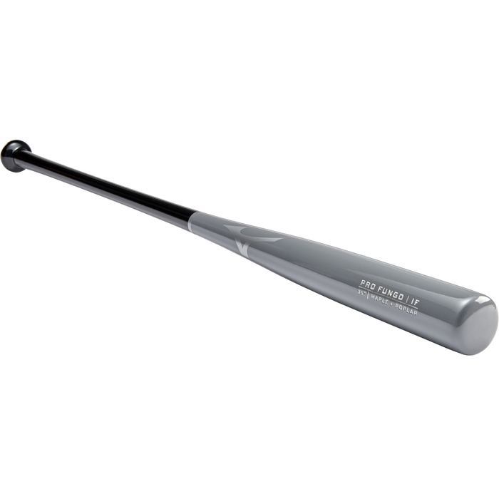 The Mizuno Pro Fungo 35" Wood Training Bat (340627) by Mizuno features a gray and black maple hybrid design with Pro Fungo I/F text on the barrel, ideal for infield work and shown on a plain white background.
