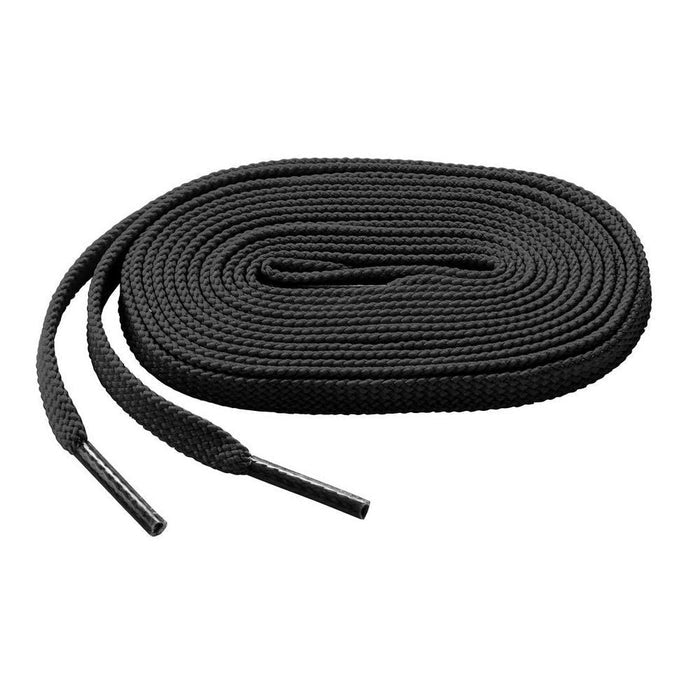 The Mizuno Shoelaces: 370201, a premium black lace with plastic aglets on both ends from Mizuno, is neatly coiled and displayed on a white background.