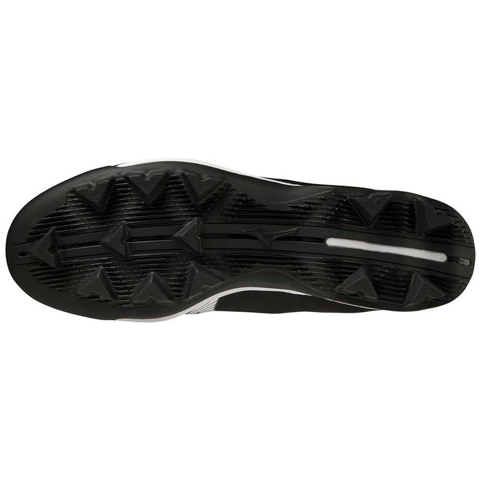 The image shows the black rubber sole of the Mizuno Wave Lightrevo TPU Men's Molded Baseball Cleats (320681), featuring multiple triangular studs and grooves on a TPU outsole for excellent traction on turf or grass.