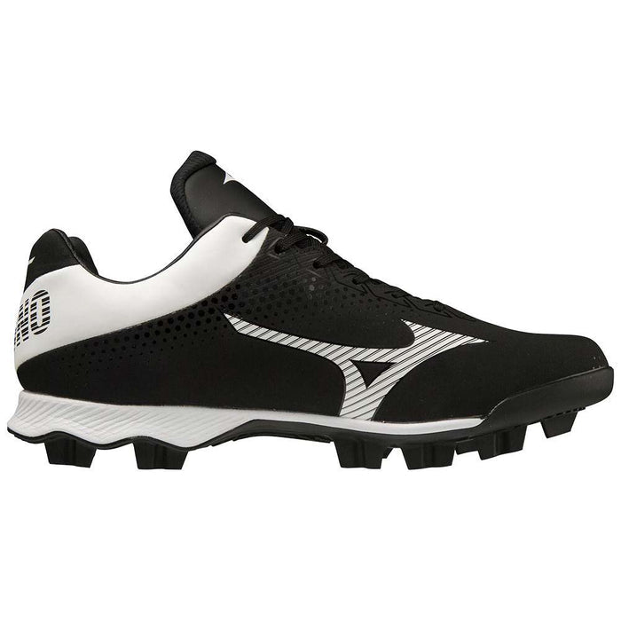 The Mizuno Wave Lightrevo TPU Men's Molded Baseball Cleats (320681) feature a durable TPU outsole for superior traction, offered in a black and white design by Mizuno.