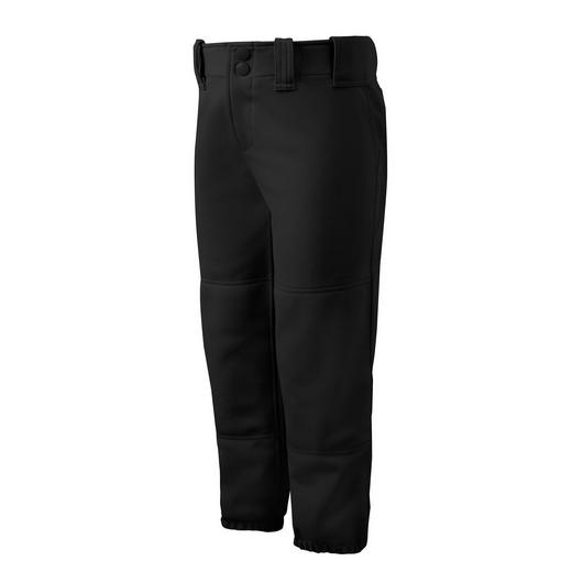 The Mizuno Women’s Belted Fastpitch Softball Pants 350150 feature belt loops, reinforced knees with padding, and elastic cuffs for durability and performance, shown on a white background.