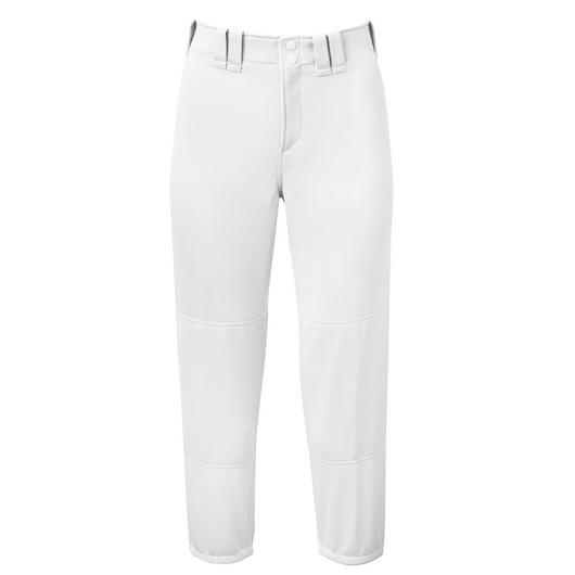 The Mizuno Women's Belted Fastpitch Softball Pants (350150) by Mizuno feature belt loops, a button closure, and reinforced knees for added durability and performance, shown here on a plain white background.