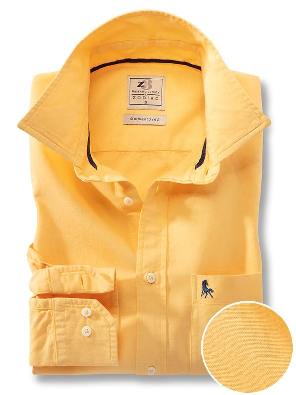 Murren Oxford Garment Dyed Yellow Solid Full Sleeve Tailored Fit Casual Cotton Shirt