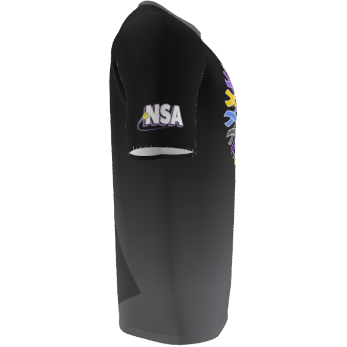 Side view of the DSG Apparel National Softball Association NSA Cancer Awareness Sublimated Short Sleeve Shirt, featuring "NSA" in bold white and purple on the sleeve, a vibrant front graphic, and moisture-wicking full dye sublimation fabric.