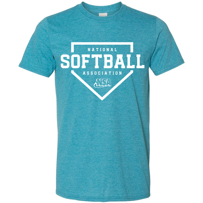 The DSG Apparel National Softball Association NSA Home Plate Short Sleeve Shirt in Heather Galapagos Blue features a home plate graphic with the NSA logo—ideal for fans of softball shirts.