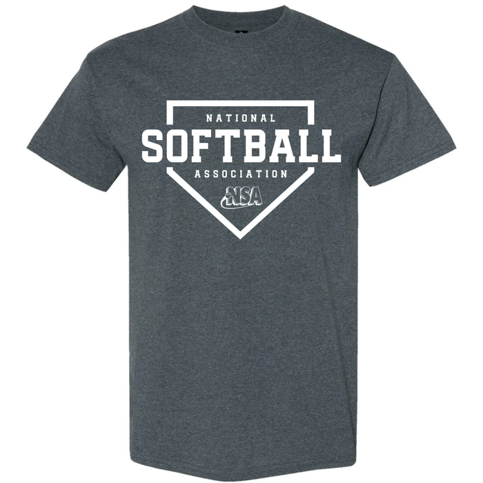 The DSG Apparel National Softball Association NSA Home Plate Short Sleeve Shirt in Dark Heather features a white graphic with the association name and logo—an ideal choice for your softball shirts collection.