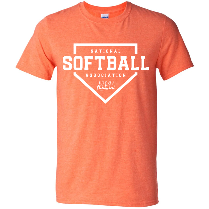 The DSG Apparel National Softball Association NSA Home Plate Short Sleeve Shirt features white text inside a home plate graphic on the chest. This heather orange tee is a great pick for fans of softball shirts.