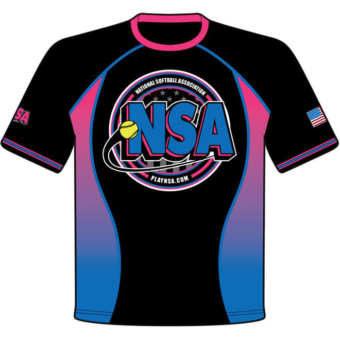 The DSG Apparel National Softball Association NSA VICE Sublimated Short Sleeve Shirt is black with blue and pink accents, features a large NSA logo, softball graphic, and "National Softball Association," plus a US flag patch on the right sleeve.