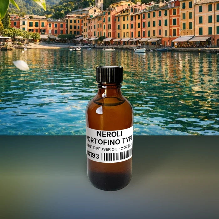 Neroli Portofino Type Scent Diffuser Oil - 2 oz | 57 g fragrance bottle image with atmospheric background for Scent Diffuser Oil. Premium lifestyle product photo for fragrance listing.