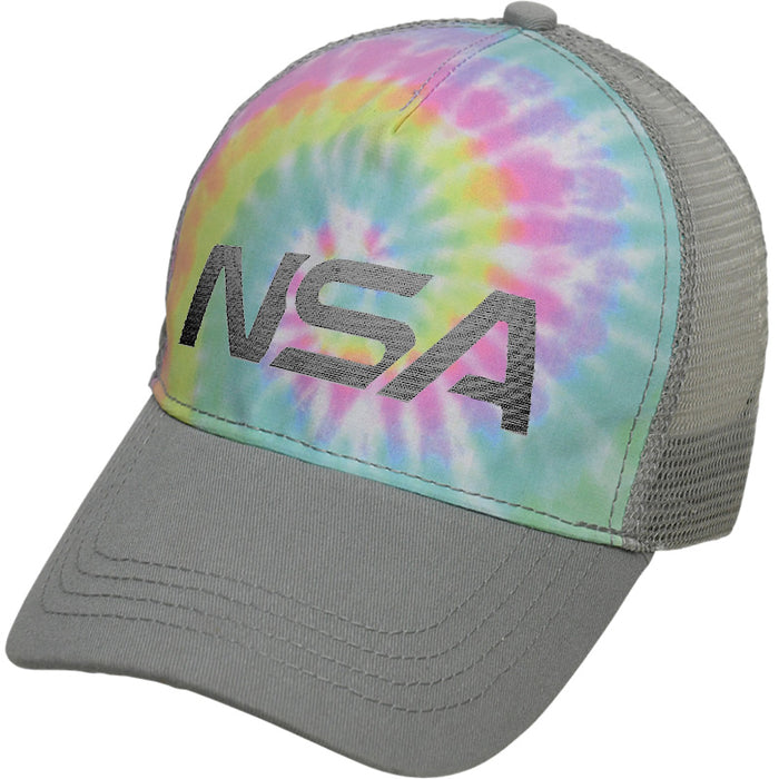 The Pacific Headwear NSA Classic Series Tie Dye Snapback Hat (TD9200) features a pastel tie-dye front, large black NSA logo, gray bill, and mesh back, representing the National Softball Association.