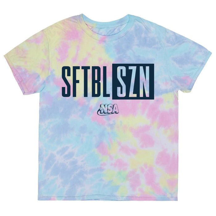 The NSA Softball Season Short Sleeve Shirt by DSG Apparel features pastel pink, yellow, and blue tie-dye with bold black "SFTBL SZN" lettering and smaller white "NSAA," representing the National Softball Association.