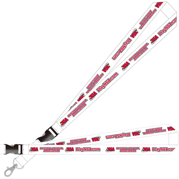 The NSA Sublimated Full Color Lanyard by DSG Apparel features vibrant, fade-resistant red and white text, crafted using full sublimation for lasting color.