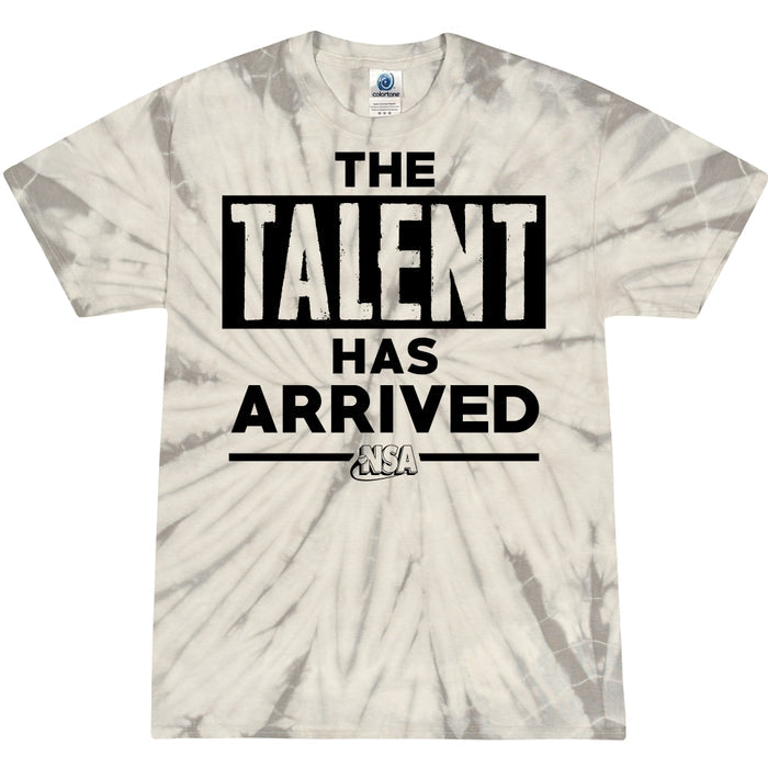 The DSG Apparel NSA Talent Has Arrived Tie Dye Short Sleeve Shirt features 100% cotton, a gray and white spiral pattern, bold black text "THE TALENT HAS ARRIVED," and a small NSA logo below the text.