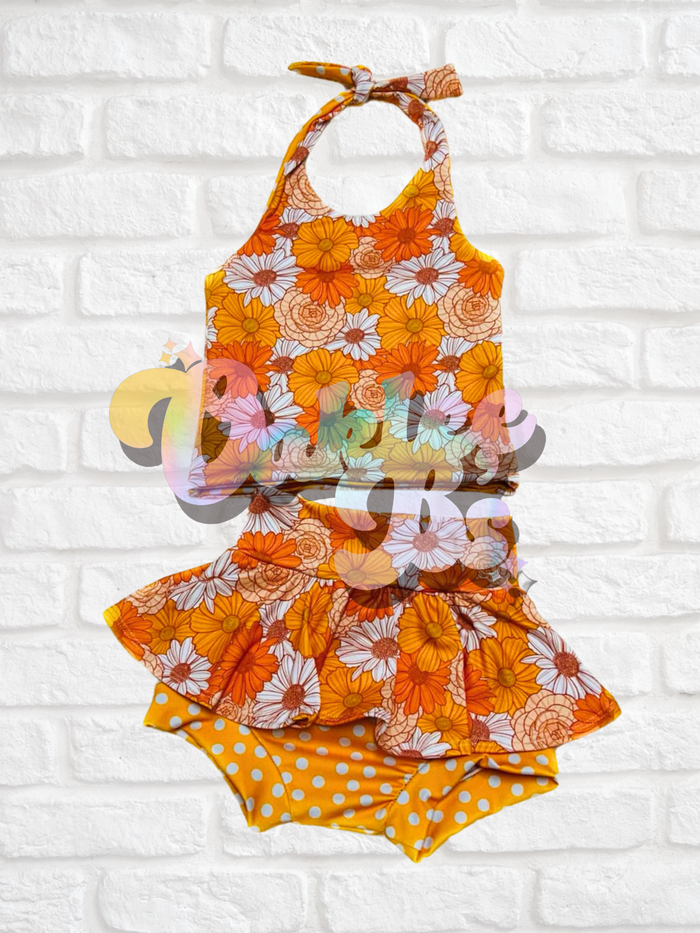Orange Floral Reversile Halter Top & Skirted Bummies