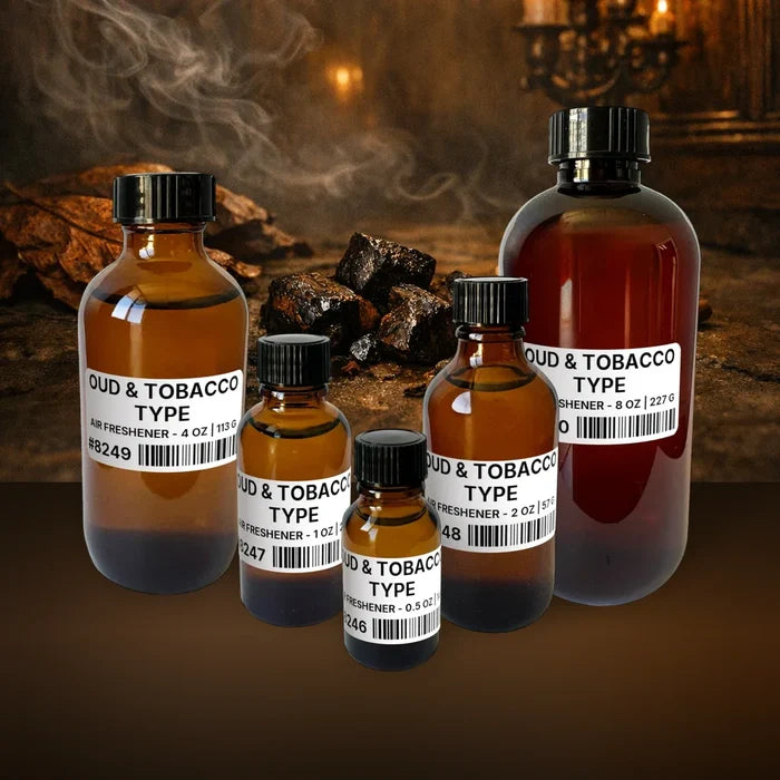 Oud & Tobacco Type Air Freshener - 4 lb | 1.81 kg fragrance bottle image with atmospheric background for Air Freshener. Premium lifestyle product photo for fragrance listing.