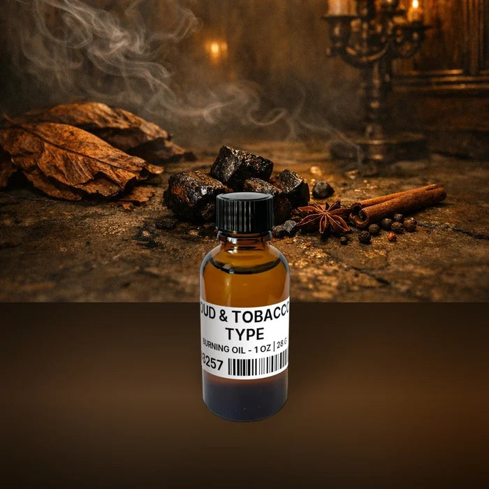 Oud & Tobacco Type Burning Oil - 1 oz | 28 g fragrance bottle image with atmospheric background for Burning Oil. Premium lifestyle product photo for fragrance listing.