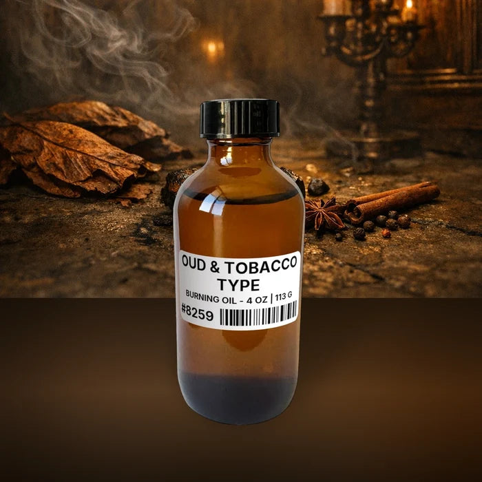 Oud & Tobacco Type Burning Oil - 4 oz | 113 g fragrance bottle image with atmospheric background for Burning Oil. Premium lifestyle product photo for fragrance listing.
