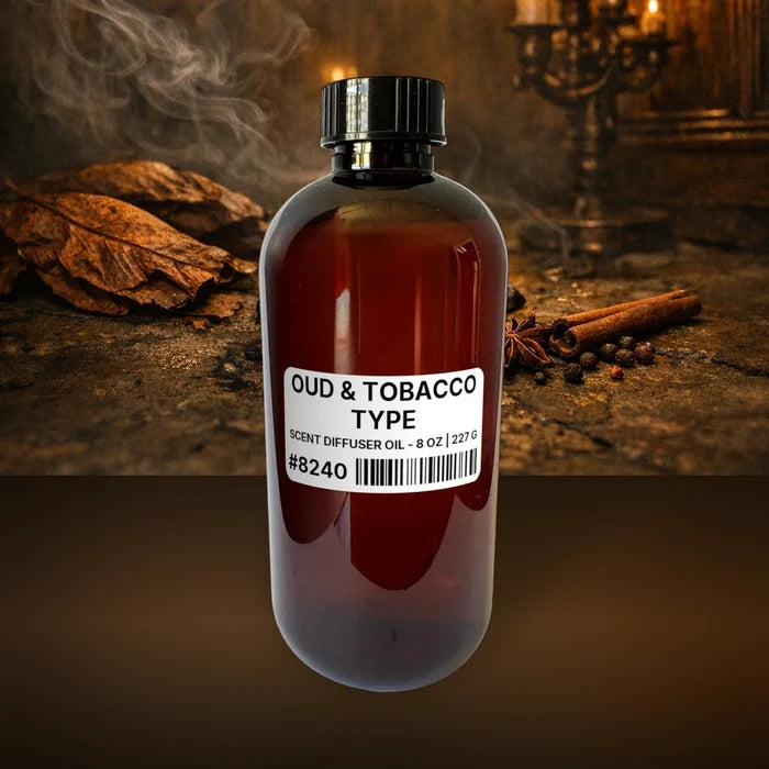Oud & Tobacco Type Scent Diffuser Oil - 8 oz | 227 g fragrance bottle image with atmospheric background for Scent Diffuser Oil. Premium lifestyle product photo for fragrance listing.