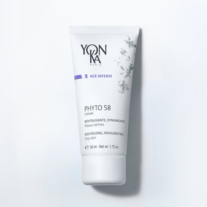 Phyto 58 PS Night Cream 50 ml jar with Yon-Ka Paris label listing sweet almond oil and 3% rosemary oil