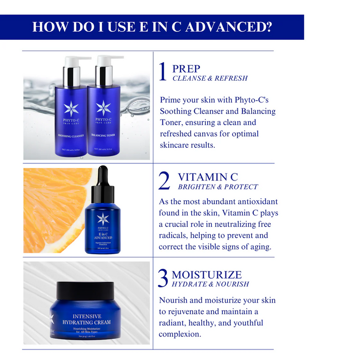 Phyto-C E in C Advanced serum with citrus slice, part of a 3-step skincare routine