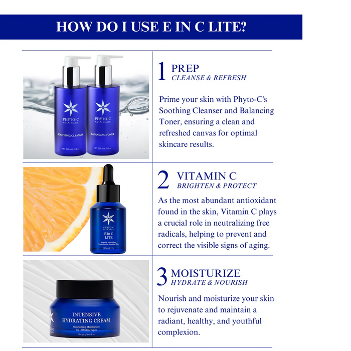 Phyto-C E in C Lite Serum with cleanser, toner, and hydrating cream skincare steps