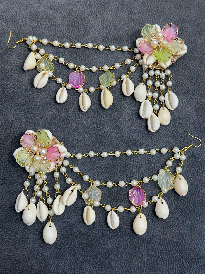 Pink & Sage Green Cowrie Shell Floral Earring Tikka Set ET006