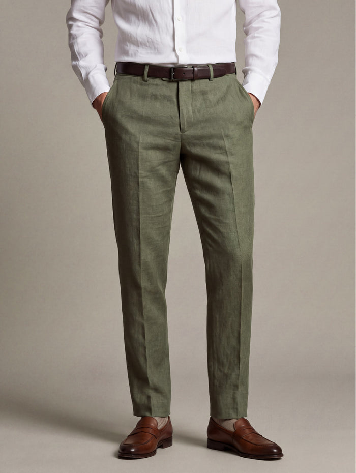 Positano Olive Tailored Fit Pure Linen Trouser