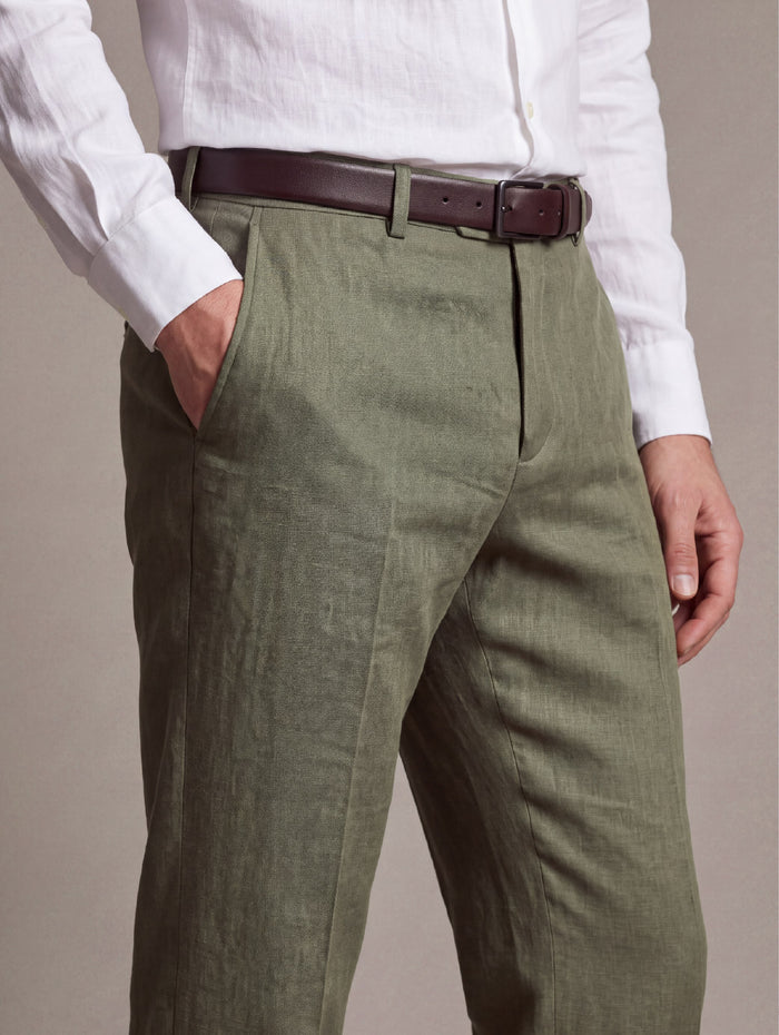 Positano Olive Tailored Fit Pure Linen Trouser