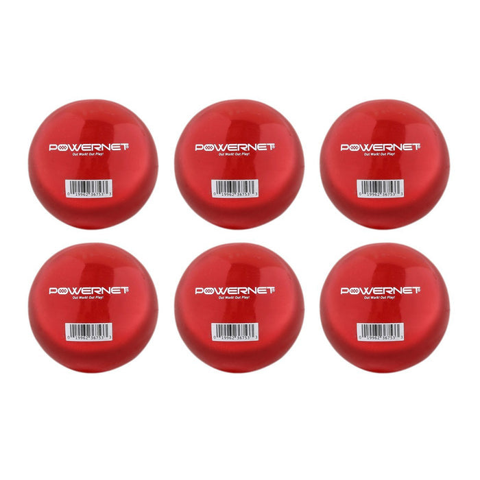 Six PowerNet 2.8" Weighted Hitting and Batting Training Balls (6 Pack) are arranged in two rows of three, each displaying the PowerNet logo and a barcode on a white background—ideal for strength drills or baseball training.