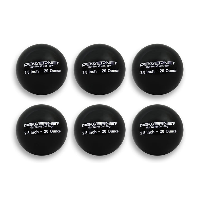 Six PowerNet 2.8" Weighted Hitting and Batting Training Balls (6 Pack) by PowerNet, each 20 ounces, arranged in two rows of three on a white background—perfect for baseball training and strength drills.