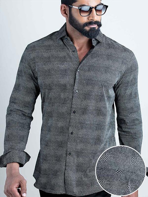 Quintino Black Printed Full Sleeve Single Cuff Slim Fit Party Wear Blended Shirt