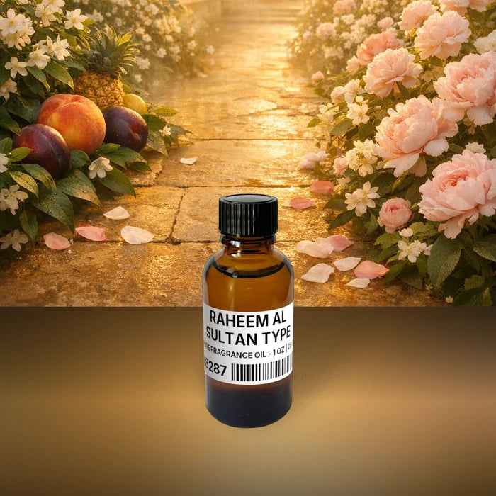 Raheem Al Sultan Type Pure Fragrance Oil - 1 oz | 28 g fragrance bottle image with atmospheric background for Pure Fragrance Oil. Premium lifestyle product photo for fragrance listing.