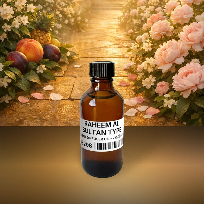 Raheem Al Sultan Type Scent Diffuser Oil - 2 oz | 57 g fragrance bottle image with atmospheric background for Scent Diffuser Oil. Premium lifestyle product photo for fragrance listing.