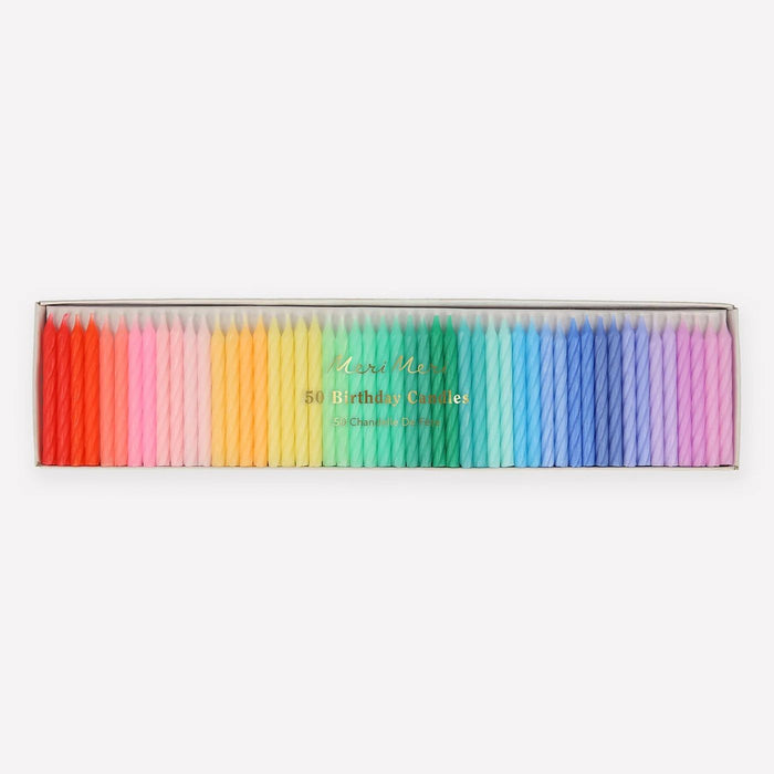 Box of rainbow twisted mini party candles, 50 count, multicolor stripes