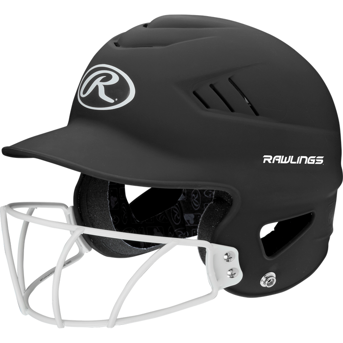 The Rawlings Coolflo Highlighter Matte Batting Helmet with Mask (RCFHLFG) features a matte black finish, white face guard, ventilation slots, and the Rawlings logo on the front and side.