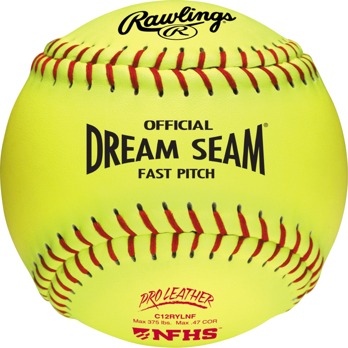 The Rawlings NFHS Dream Seam 12" 47/375 Leather Fastpitch Softballs (C12RYLNF) feature bright yellow leather, red stitching, and official black text—perfect for play with certified 12" softballs. Brand: Rawlings.