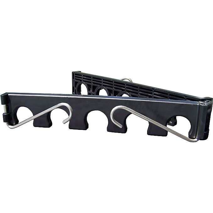 Two Rawlings Portable Fence Bat Racks (BATRACK), black plastic organizers with metal hooks and multiple slots, are stacked together—perfect for hanging bats or sports gear on a dugout fence to keep items organized and accessible.
