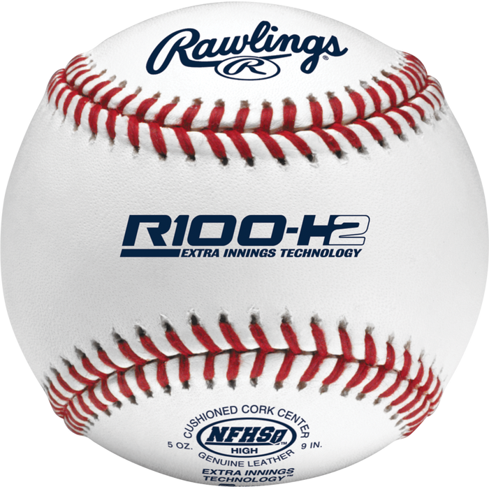 A close-up of a Rawlings R100 NFHS NOCSAE High School Baseball (R100-H2), a popular choice for high school baseball nationwide.
