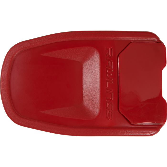 A red Rawlings plastic base for baseball or softball, shown from above with raised lettering and a textured surface—perfect to pair with Rawlings R16 Reverse Batting Helmet Extension (Jaw Guard): REVEXT.