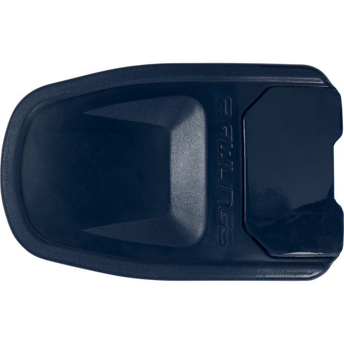 A dark blue plastic ball holder with the embossed Rawlings logo, ideal for matching with your Rawlings R16 Reverse Batting Helmet Extension (Jaw Guard): REVEXT.