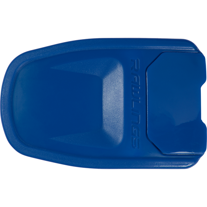 A blue plastic Rawlings sliding mitt, shown from above on a white background—ideal to pair with your Rawlings R16 Reverse Batting Helmet Extension (Jaw Guard): REVEXT for added protection.