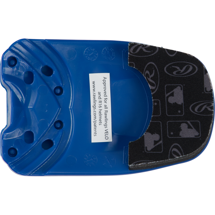 The Rawlings R16 Reverse Batting Helmet Extension (Jaw Guard): REVEXT is a blue plastic helmet attachment with a black padded jaw guard and white sports logos. Approved for all Rawlings VELO, R16, and 2018 helmet models.